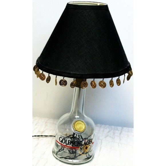 Goldschlager Table Lamp Clear Bottle Black Shade Coin Fringe Handmade Rice Light - Picture 1 of 12